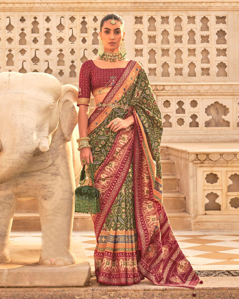 Green Patola Cotton Silk Saree With Unstitched Blouse