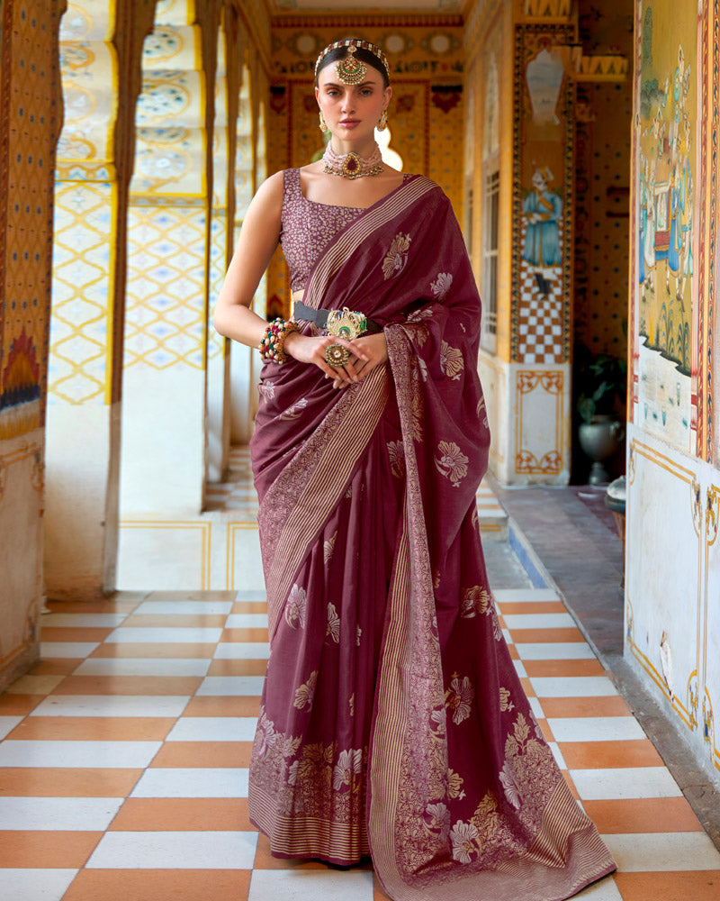 Maroon Floral Printed Saree With Unstitched Blouse