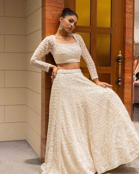 Ivory Pearl Embroidered Lehenga Blouse With Dupatta