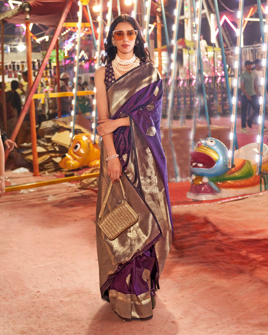 Royal Purple Banarasi Silk Saree With Zari Woven Border
