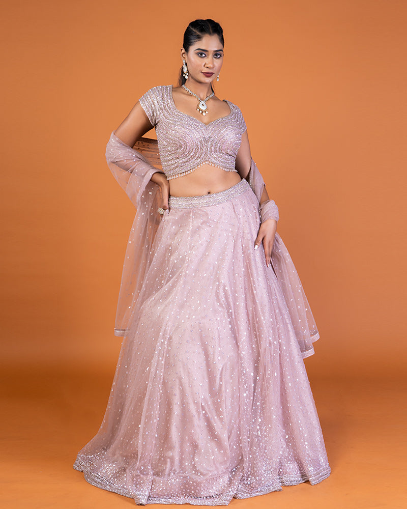 Onion Pink Embellished Lehenga Choli with Sheer Dupatta