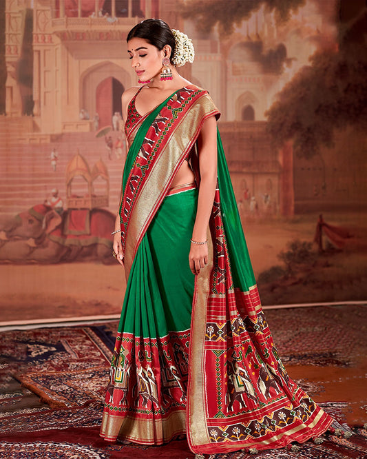 Green Saree With Printed Border Art in cotton silk