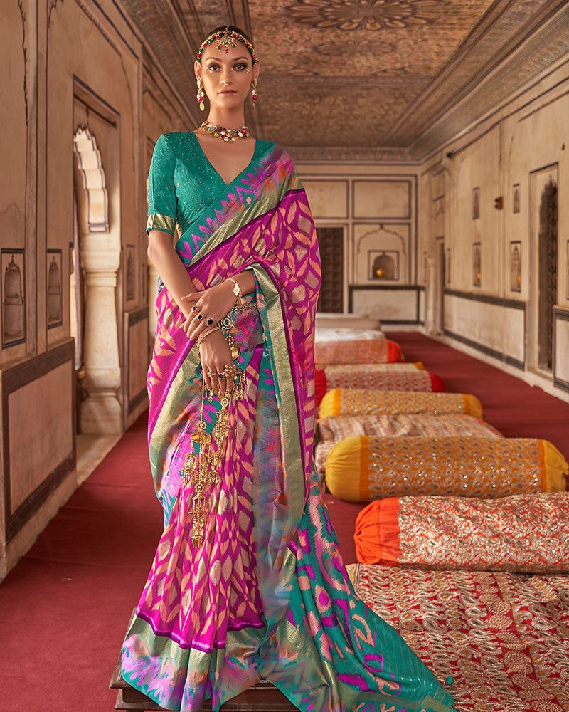 Rani Pink Printed Patola Silk Saree with Unstitched Blouse