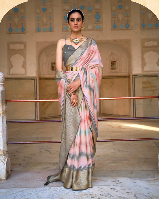 Pastel Pink Foil Printed Silk Saree With Zari Woven Border