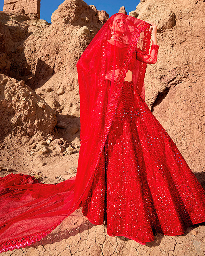 Red Sequins And Mirror Work  Embroidered Net Lehenga