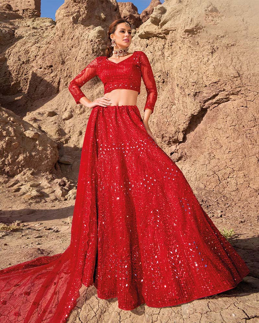 Red Sequins And Mirror Work  Embroidered Net Lehenga