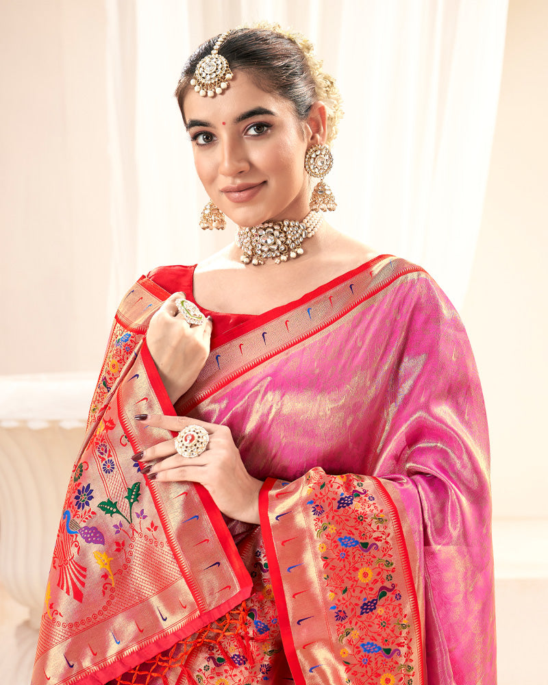 Persian Pink Embroidered Silk Saree With Zari Work Pallu