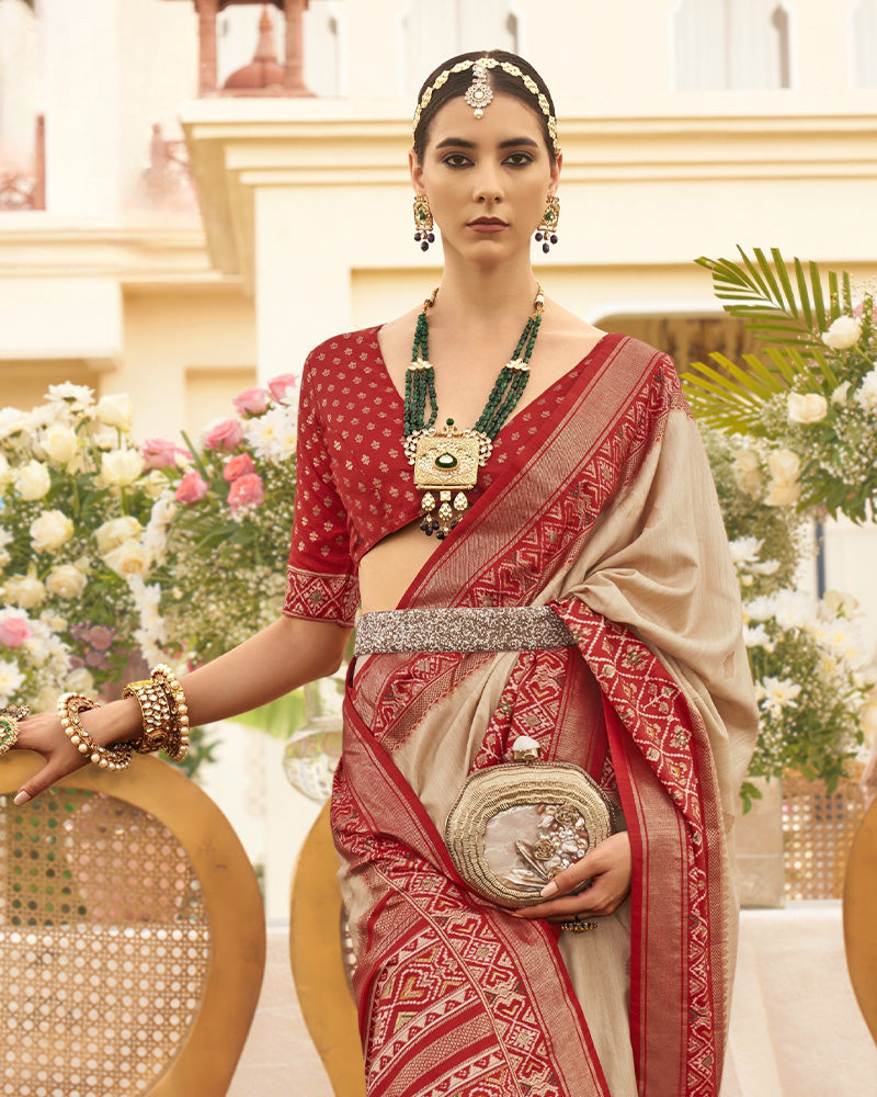 Beige Saree With Patola Printed Pallu in cotton silk with Unstitched Blouse
