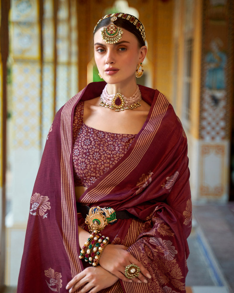 Maroon Floral Printed Saree With Unstitched Blouse