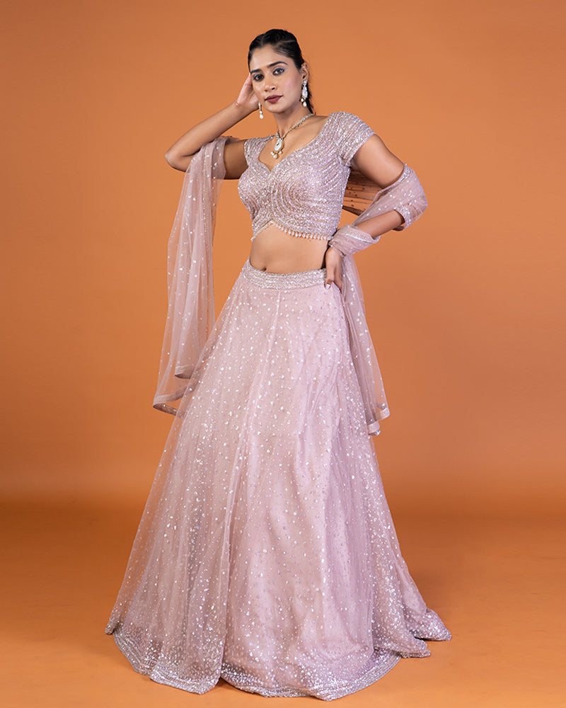 Onion Pink Embellished Lehenga Choli with Sheer Dupatta