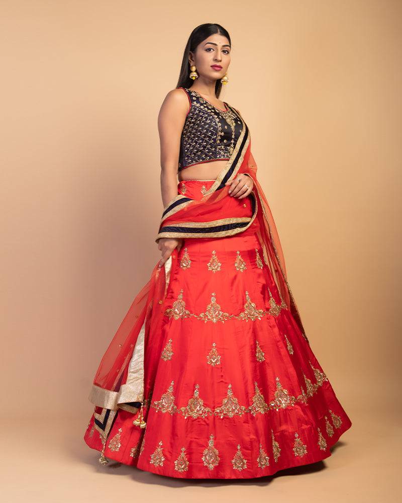 Coral Red Embroidered lehenga choli With Dupatta