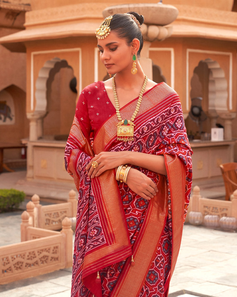 Red Overall Ikat Printed Silk Saree With Zari Woven Pallu