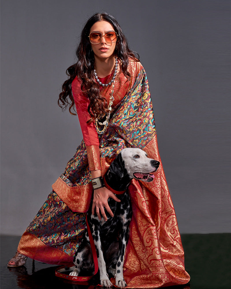 Brown Silk Floral Embroidered Saree With Zari Work Pallu