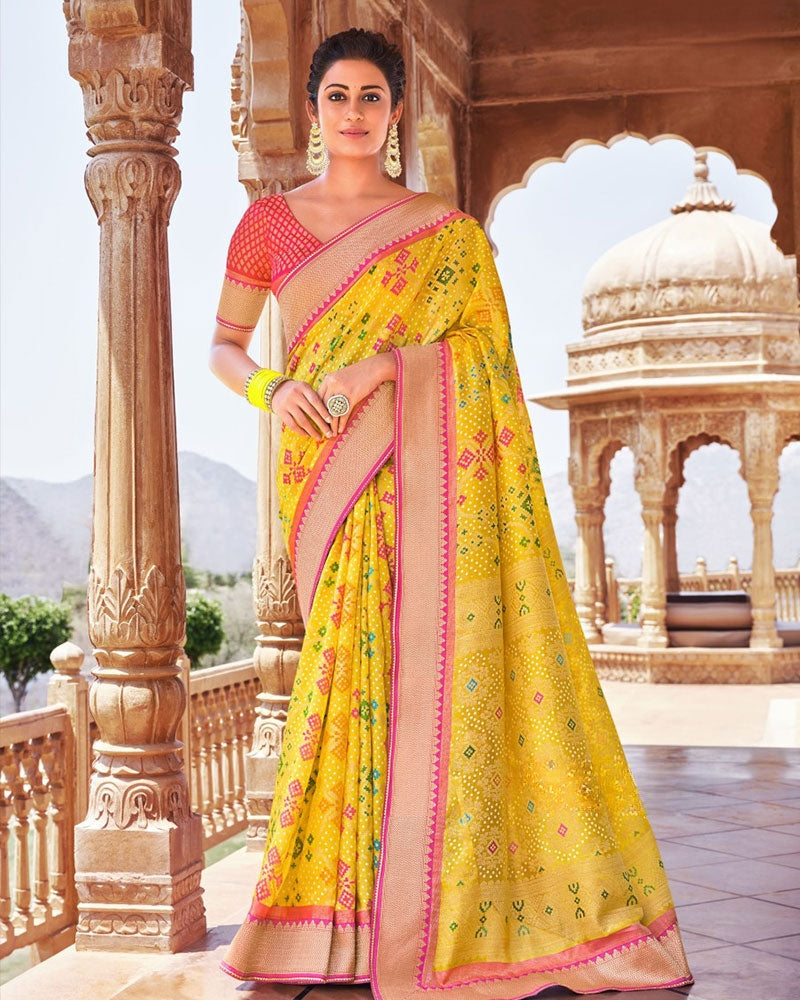 Yellow Cotton Silk Badhani Saree With And Unstitched Blouse