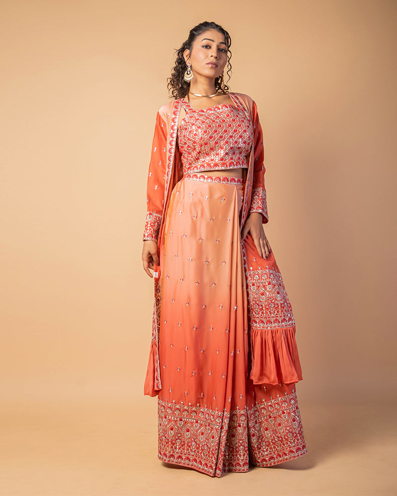 Orange Sequins Embroidered Draped Skirt with Shrug