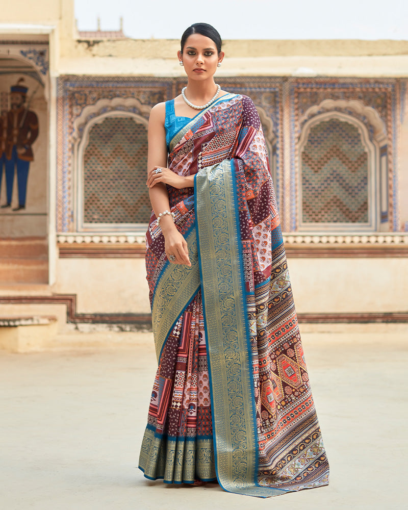 Maroon Digital Print and Weaving Border Saree With Unstitched Blouse