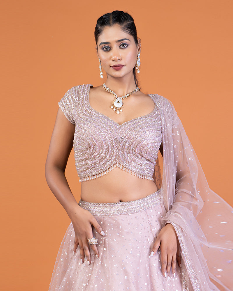 Onion Pink Embellished Lehenga Choli with Sheer Dupatta