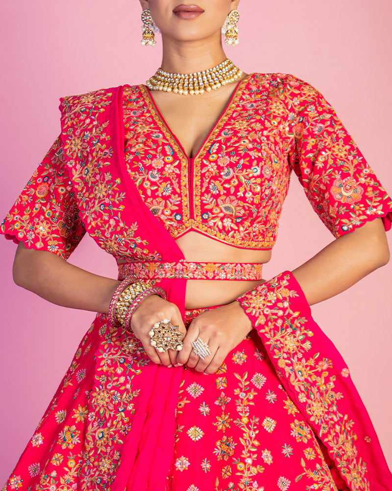 Red Floral Embroidered Crop Top Lehenga with Dupatta