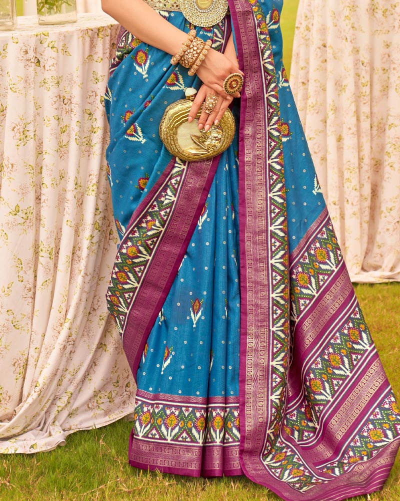 Flat Blue Cotton Silk Saree With Unstitched Blouse