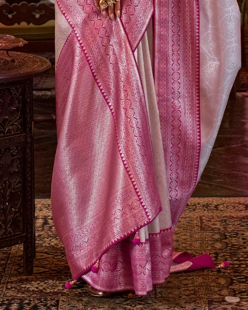 Flamingo Pink Kanjivaram Silk Saree With Unstitched Blouse