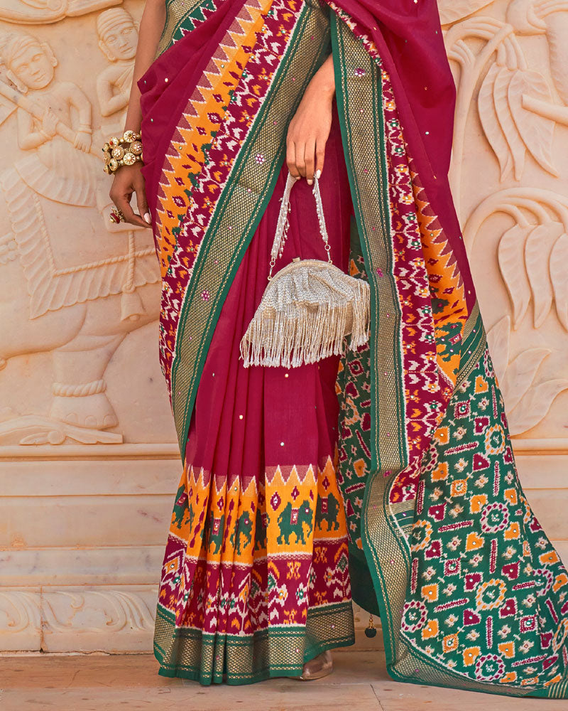Ruby Pink Elephants and Ikat Printed Saree With Contrast Border