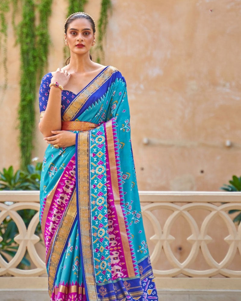 Pure Patola Cotton Silk Saree in Sky Blue with Unstitched Blouse