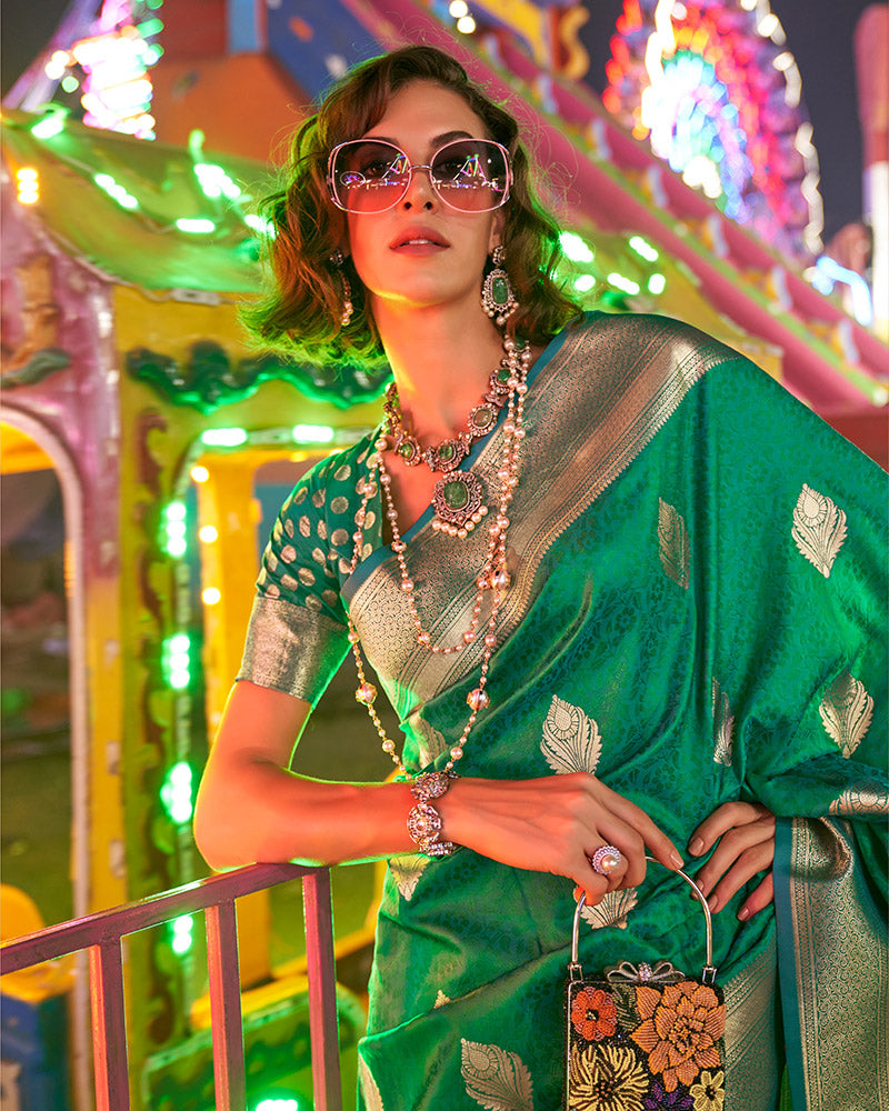 Dark Green Embroidered Banarasi Silk Saree With Zari Woven Pallu