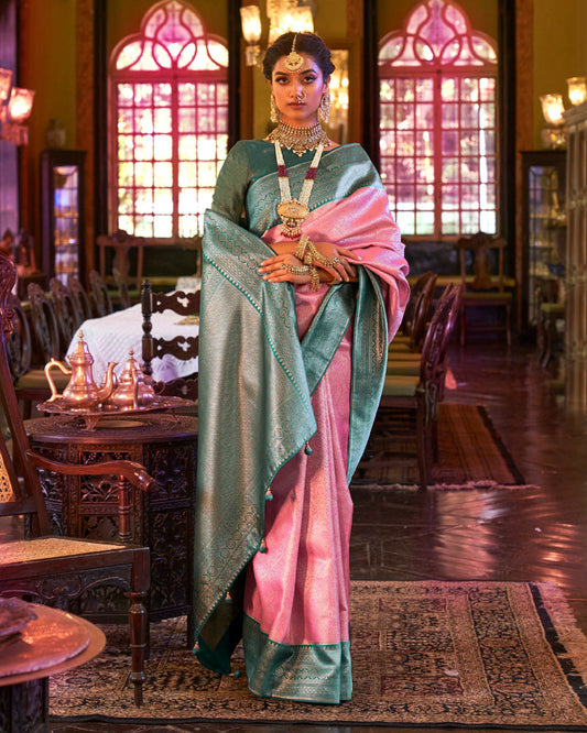 Rose Pink Woven Jacquard Work Kanjivaram Silk Saree