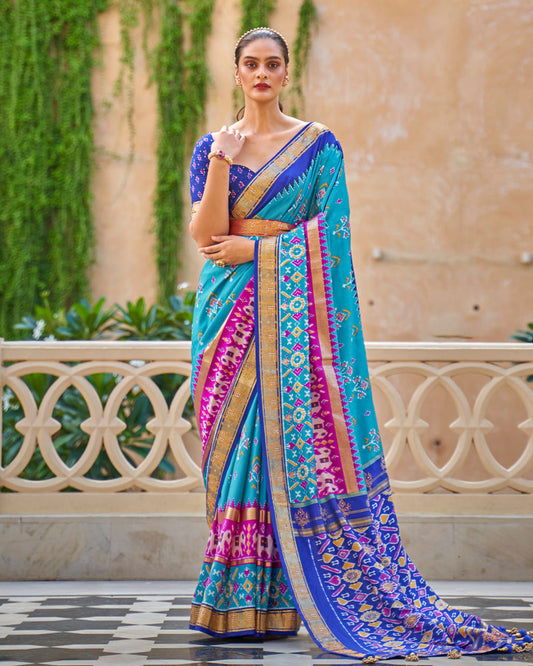 Sky Blue Pure Patola Cotton Silk Saree with Unstitched Blouse
