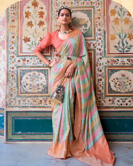 Sea Green Foil Printed Leheriya Silk Saree With Contrast Zari Woven Pallu