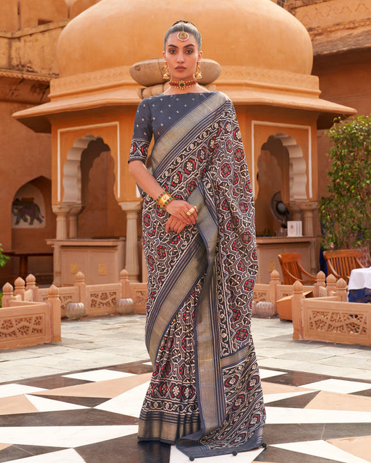 Slate Grey Overall Ikat Printed Silk Saree With Zari Woven Pallu