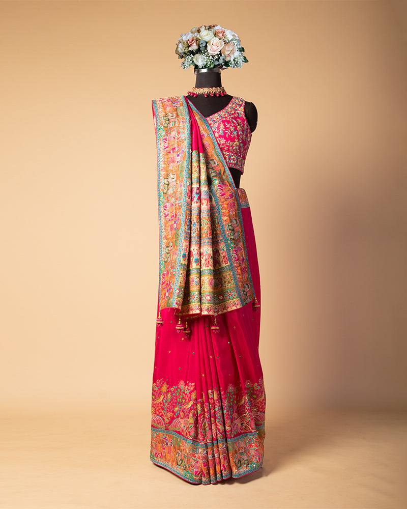 Carmine Pink Elephant Motifs Embroidered Saree with unstitched blouse
