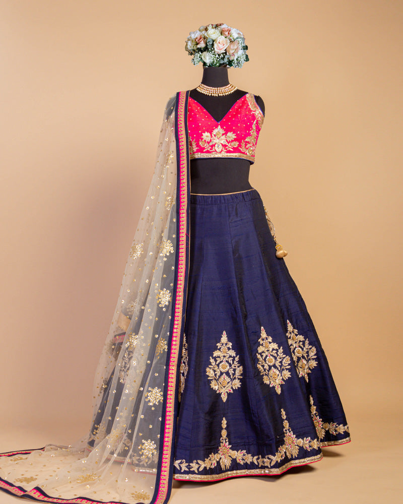 Blue Silk Floral Butta Embroidery Lehenga Choli