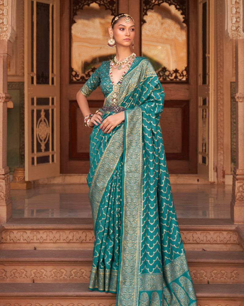 Ocean Green Foil Printed Silk Saree With Unstitched Blouse and Tassel