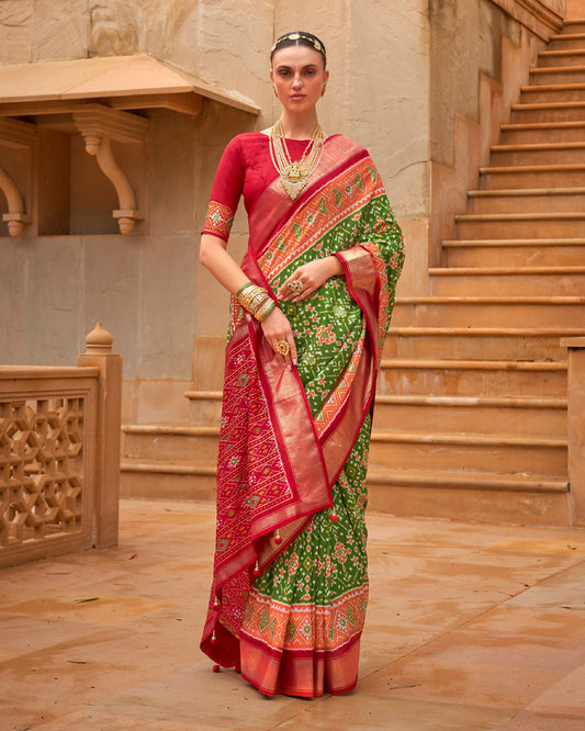 Camo Green Cotton Silk Saree With Unstitched Blouse