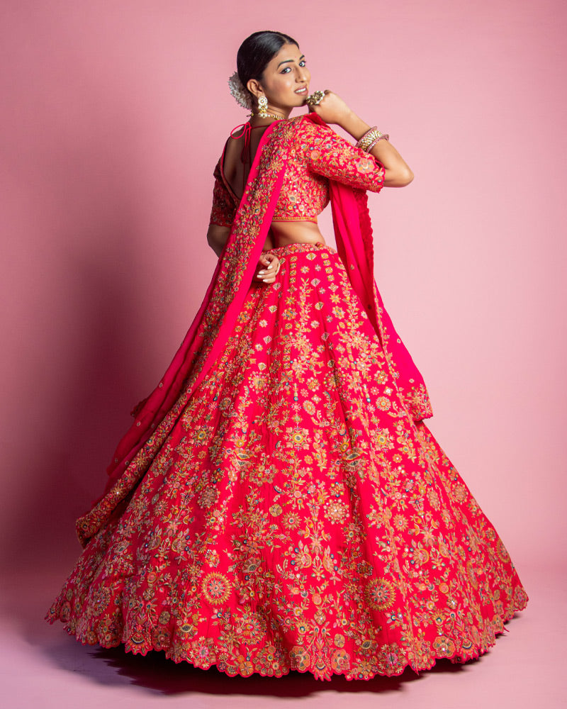 Red Floral Embroidered Crop Top Lehenga with Dupatta