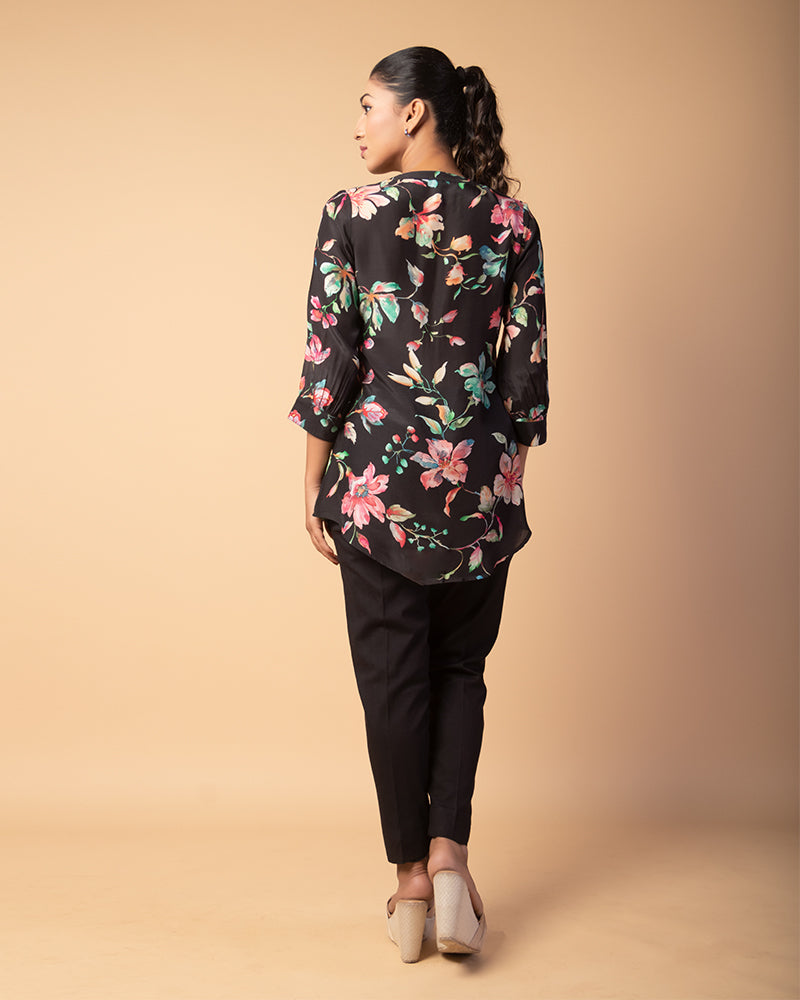 Black Floral Print Collar short Kurti Top For Women