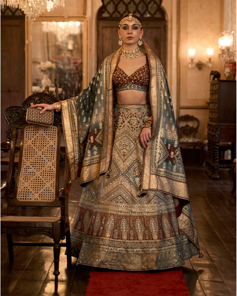 Brown Designer Pure Silk Bridal Lehenga Choli