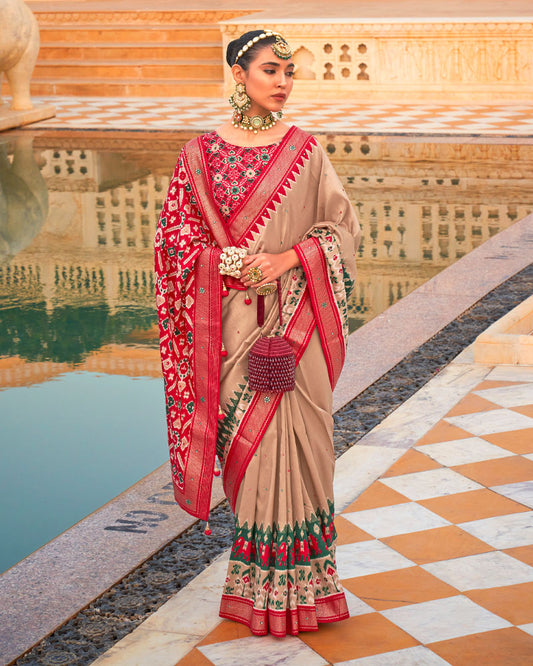 Beige Elephants and Ikat Printed Saree With Contrast Border