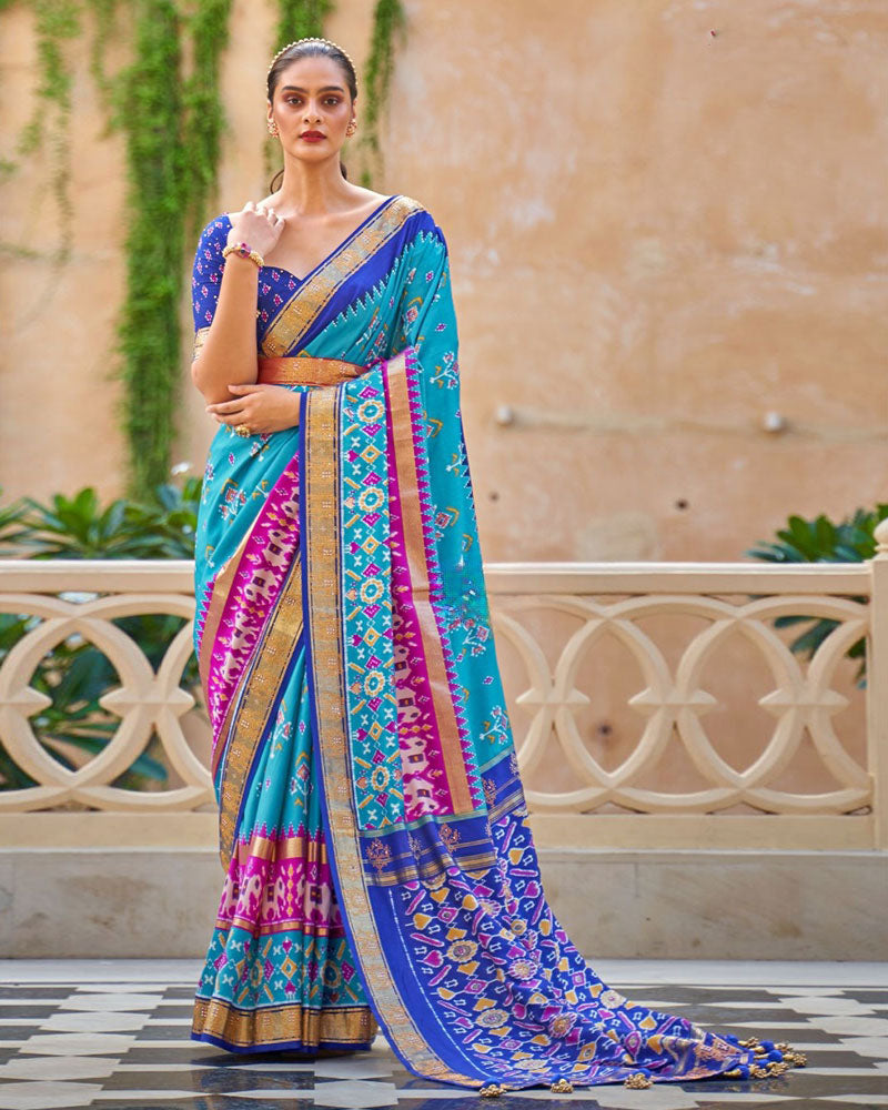 Pure Patola Cotton Silk Saree in Sky Blue with Unstitched Blouse