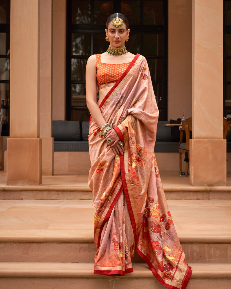 Light Rose Pure Cotton Silk  Saree With Unstitched Blouse