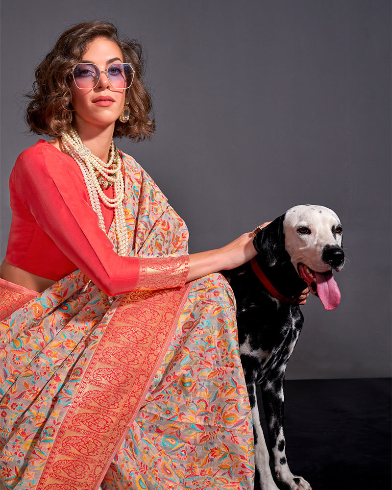 Light Peach Silk Floral Embroidered Saree With Zari Work Pallu