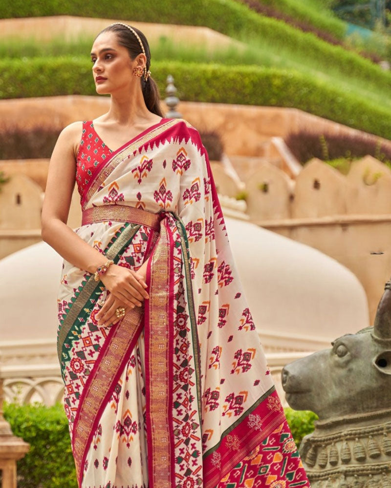 Cream Patola Silk Saree With Printed Border and Unstitched Blouse