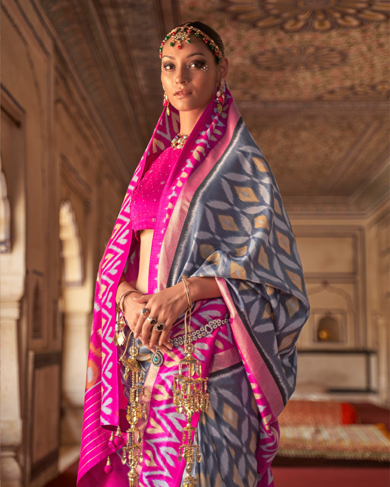 Lead Grey Ikat Pure Patola Printed Silk Saree With Contrast Pallu