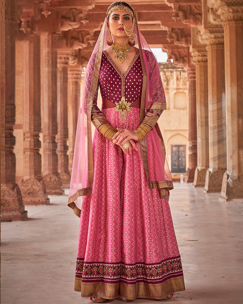 Pink Printed Silk Anarkali Dress with zari Border
