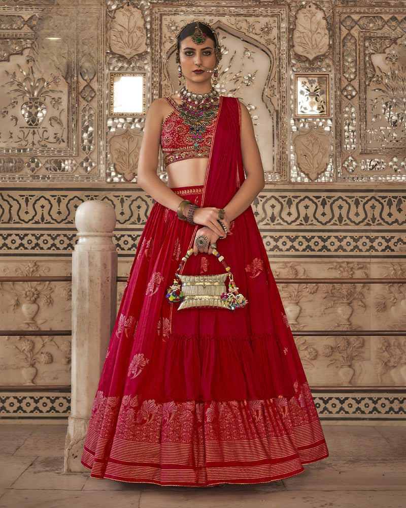 Red Floral Printed & Hand Embroidered Cotton Lehenga Set