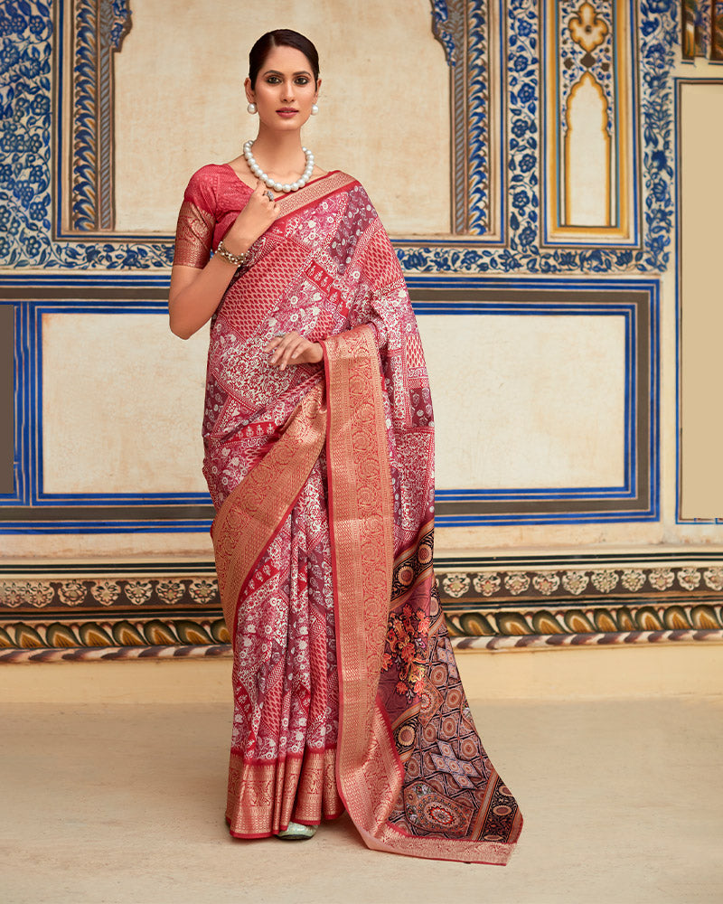 Coral-red Digital Printed Silk Saree With Unstitched Blouse