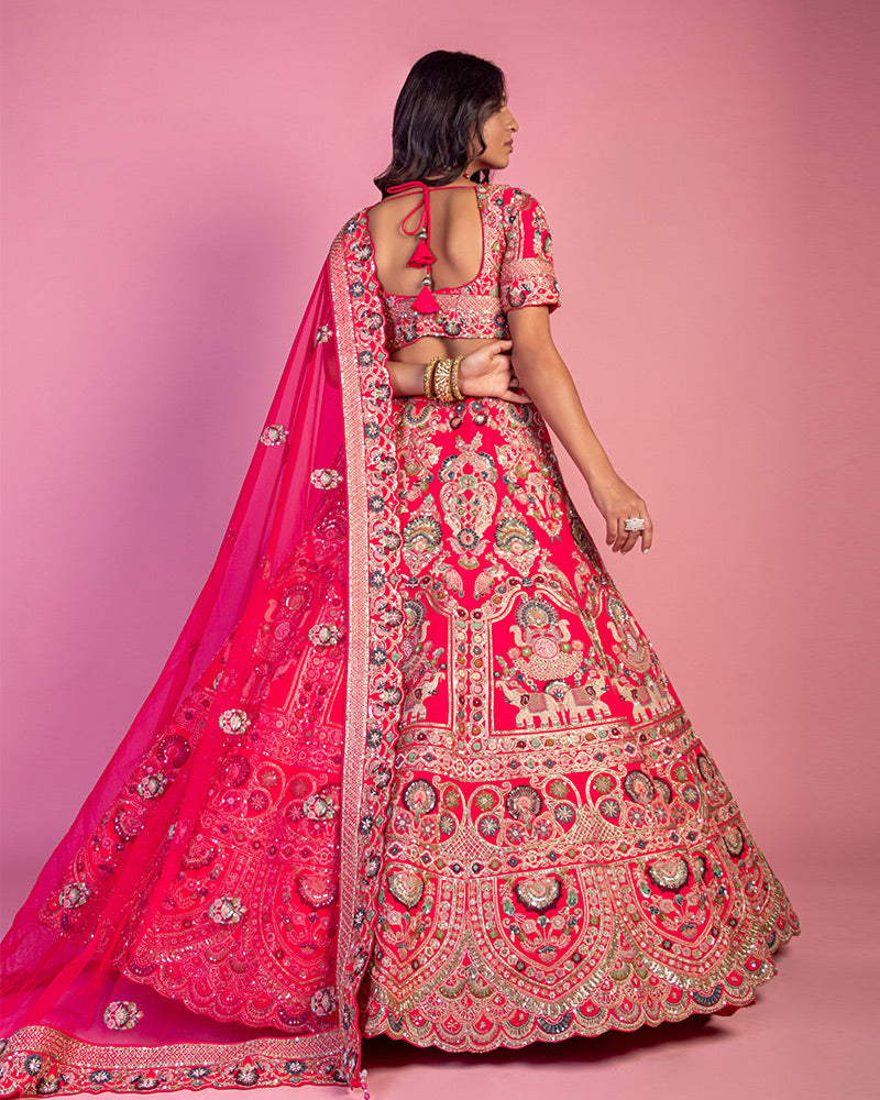 Red Floral Embroidered Lehenga Choli With Dupatta For Bridal