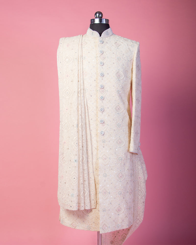 Premium Cream Sherwani with Pyjama in Cotton with Belt