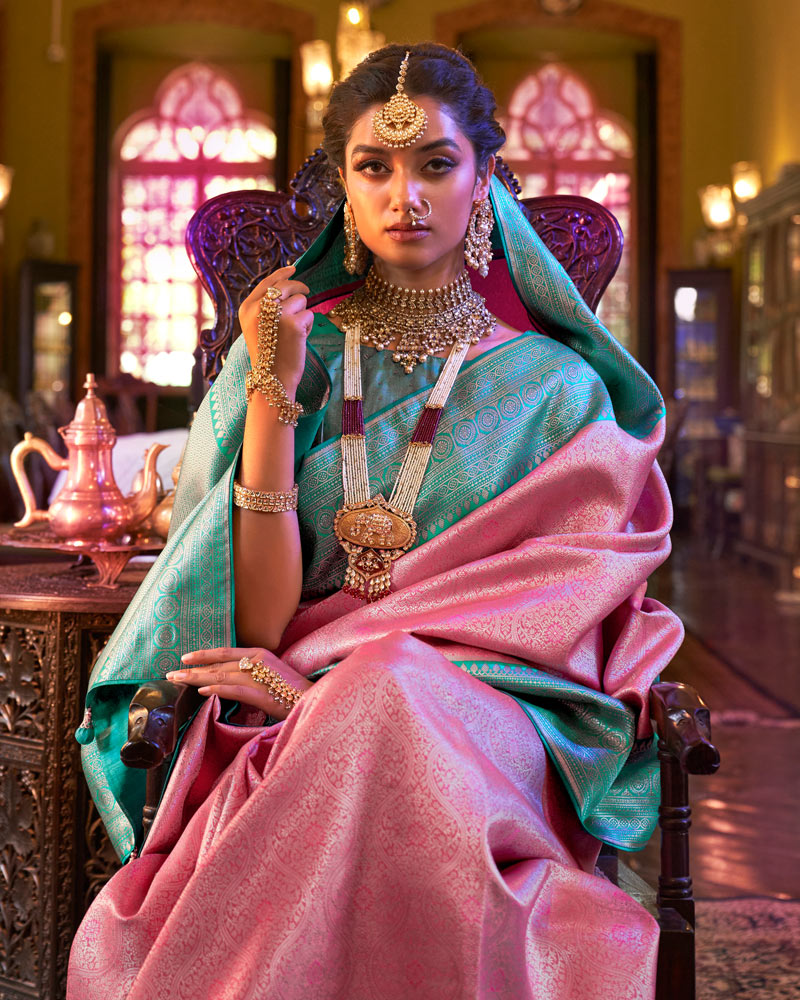 Rose Pink Woven Jacquard Work Kanjivaram Silk Saree